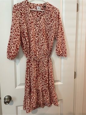 CAbi Sienna Red and Cream Printed Tie-Waist Midi Dress